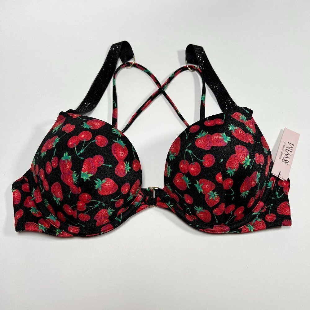 Victoria Secret 36DD Bombshell Push Up Bikini Top Shine Strap Berry Cherry Print